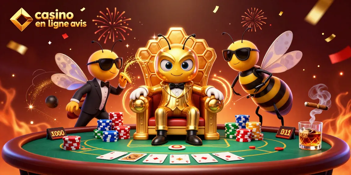 Casino en ligne avis : Illustration d'un boss bourdon et ses gardes jouant aux cartes avec ambiance festive.