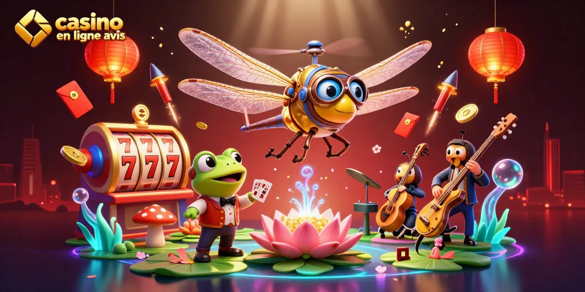 Illustration captivante d'avis de casino en ligne avec une libellule pilote et un croupier grenouille.