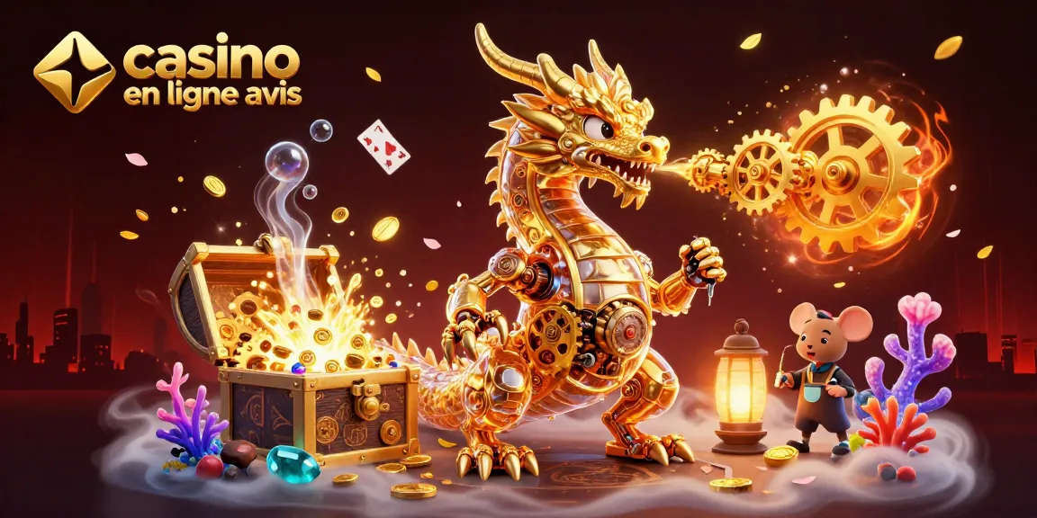 Casino en ligne avis sur une scène 3D riche avec un dragon doré et des éléments de jeu colorés.