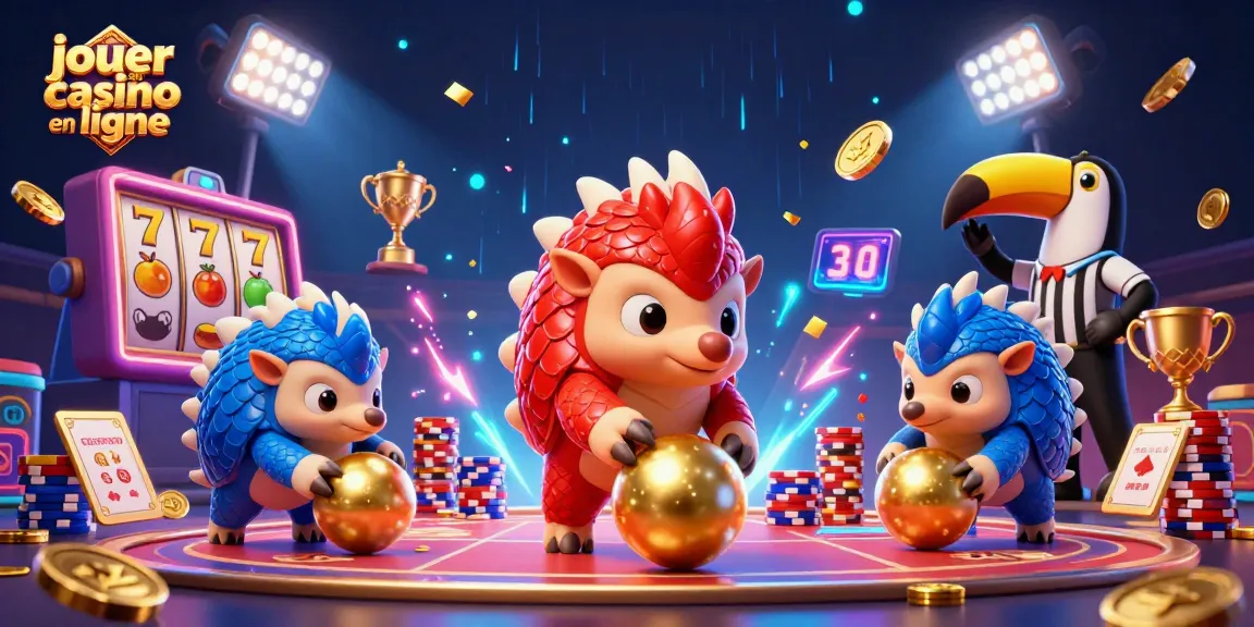 Vivez l'excitation de jouer au casino en ligne avec des pangolins en compétition entourés de jetons et d'éléments de machines à sous.