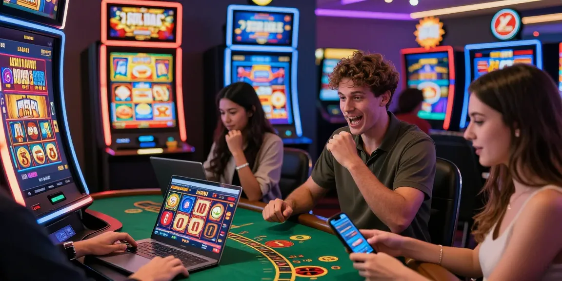 A lively scene showcasing players enjoying new casinos with credit card deposit options, engaging in various games on laptops and mobile devices.