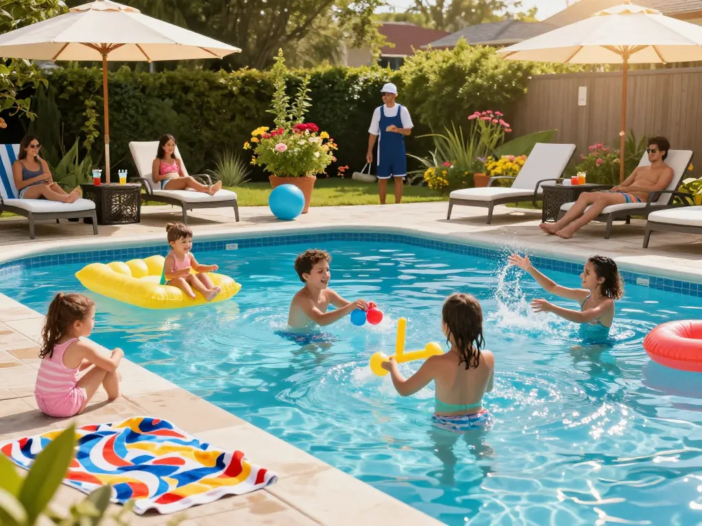 Dolphin Pool Services family enjoying a well-maintained pool in a sunny backyard.
