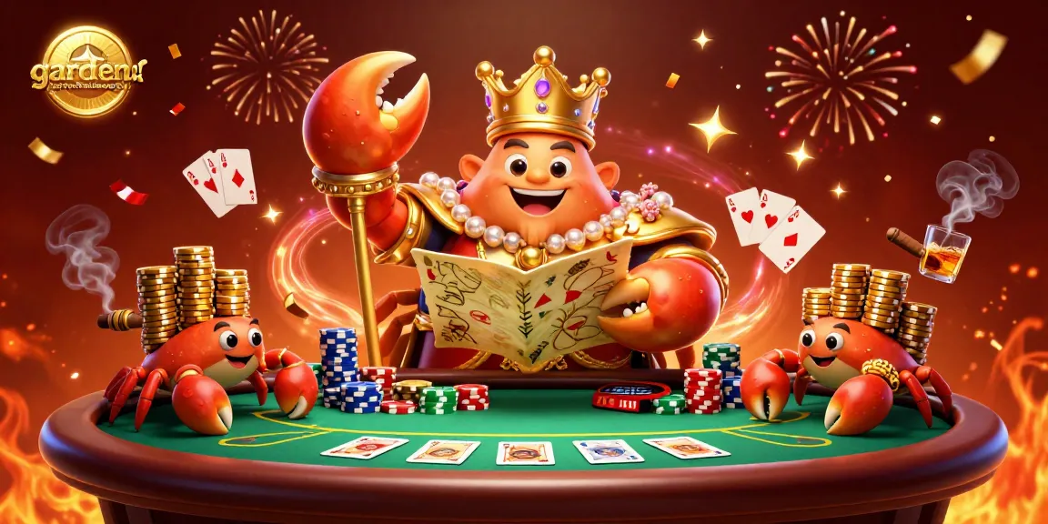 Gambarkan taman kecantikan alam di mana krustasea emas memimpin permainan poker, menggenggam peta harta karun.