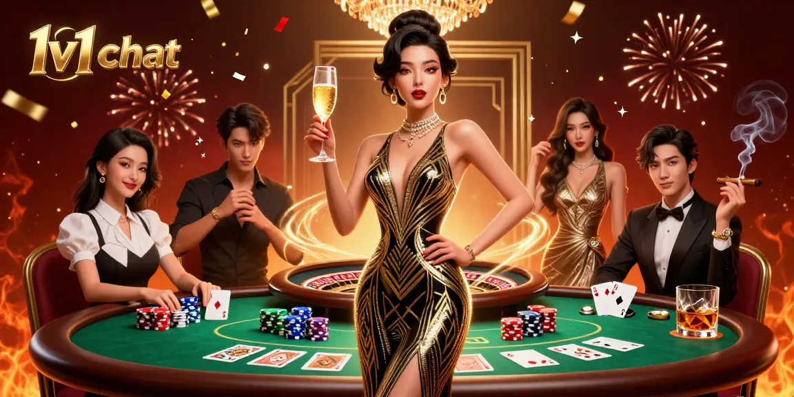 Experience 1v1 chat excitement in a vibrant casino with glamorous characters and dynamic visuals.