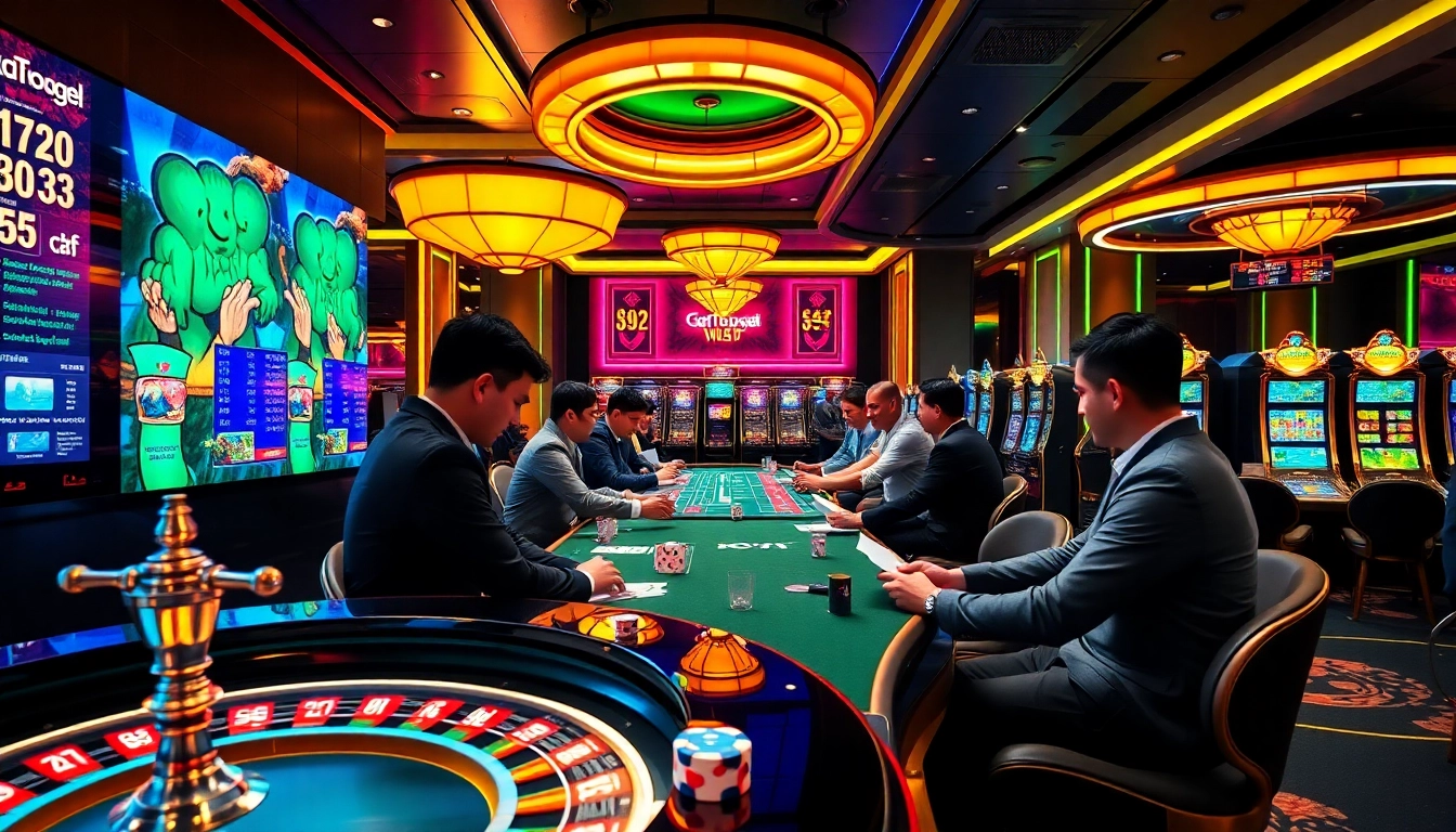 Engaging scene of players strategizing on the gtatogel platform, surrounded by vibrant casino elements.
