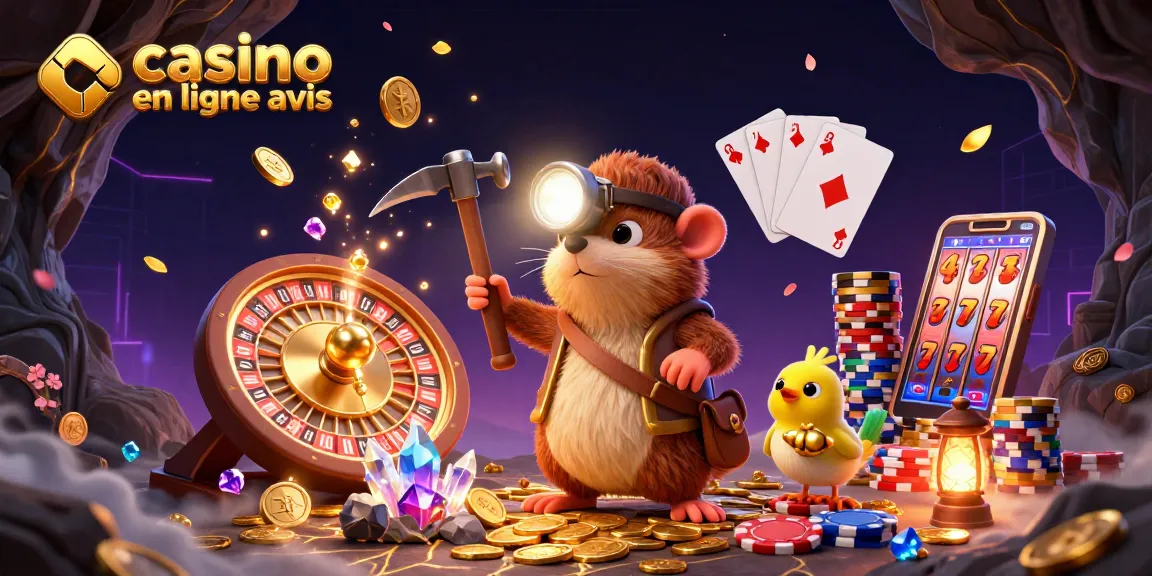 Illustration animée représentant un mole chasseur de trésors et une canari dans un casino, avec avis de casino en ligne visible.