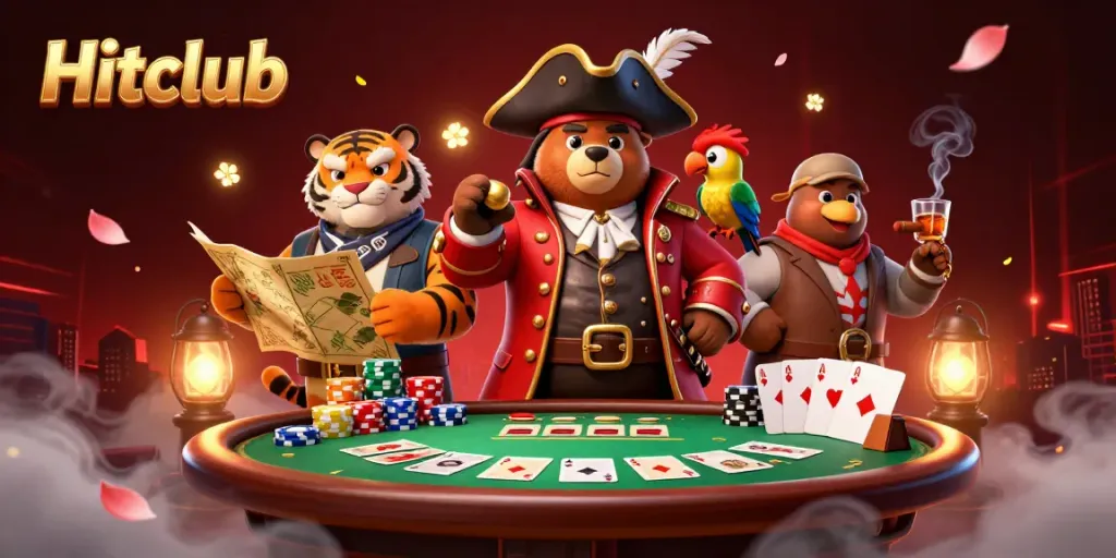 Hitclub showcases a pirate bear and tiger at a poker table, enveloped in a vibrant casino ambiance.
