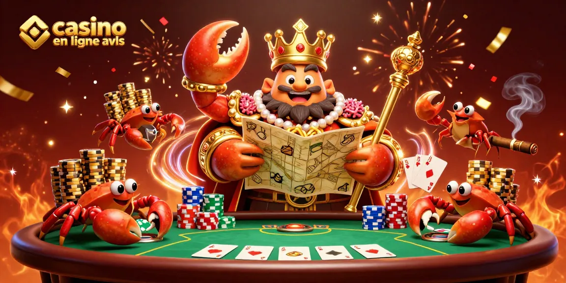 Casino en ligne avis : Illustration colorée d'un crabe empereur et ses serviteurs dans un casino animé.