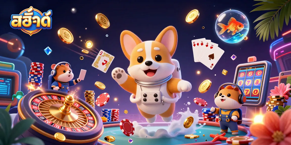 Engaging slots gaming scene with สล็อต theme featuring animated characters, colorful poker chips, and prizes.