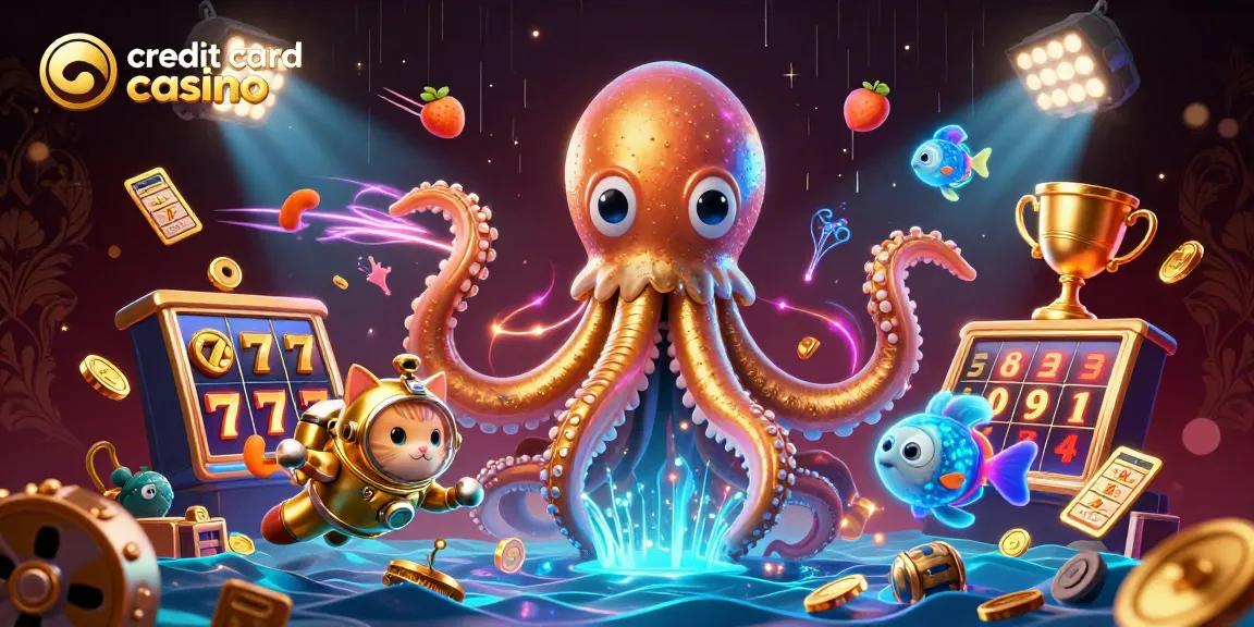 Experience the excitement of a credit card casino with a dynamic 3D scene of a kraken, vintage diving cat, and casino-themed elements.