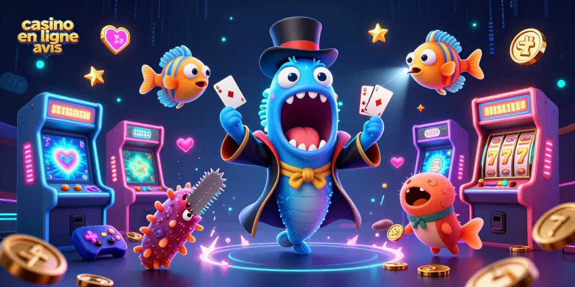 Illustration 3D d'un casino en ligne avis avec un poisson-lanterne et une anguille, mettant en scène des jeux d'arcade colorés.