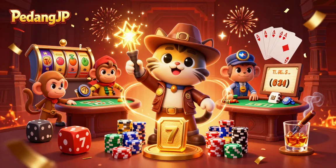 Permainan slot PedangJP yang menarik dengan karakter petualang dan suasana kasino yang kaya detail.