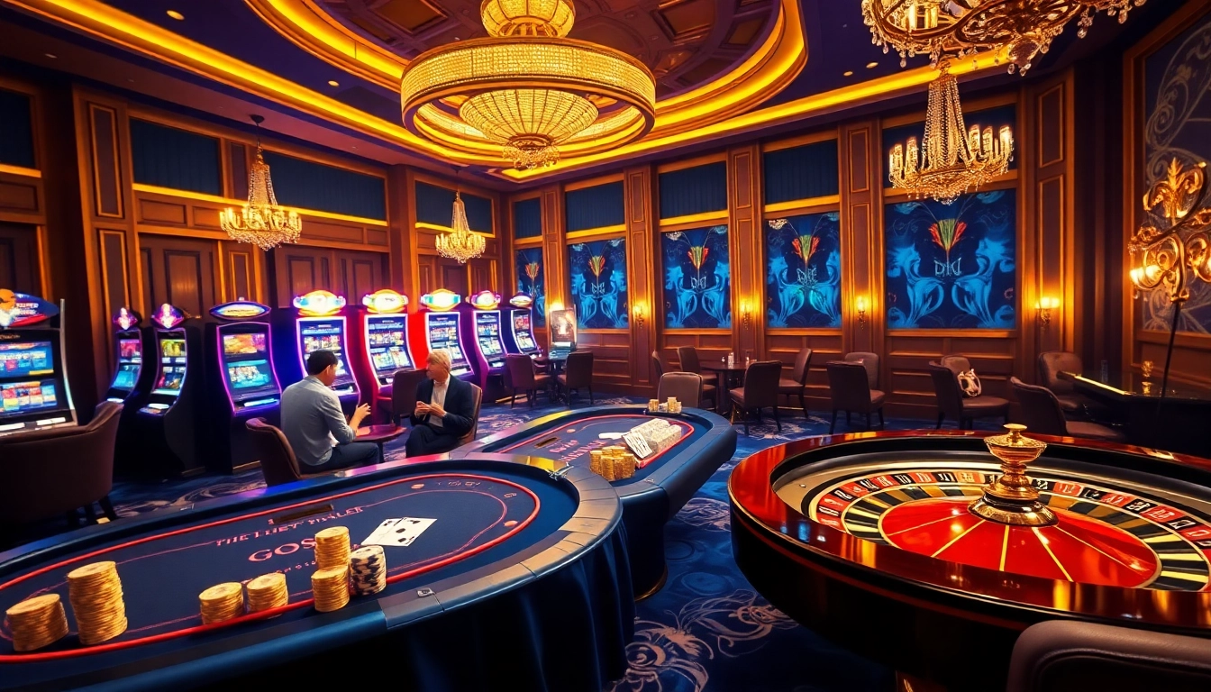 Atmosphère excitante d'un site de casino en ligne présentant des joueurs aux tables de poker et des machines à sous vibrantes.