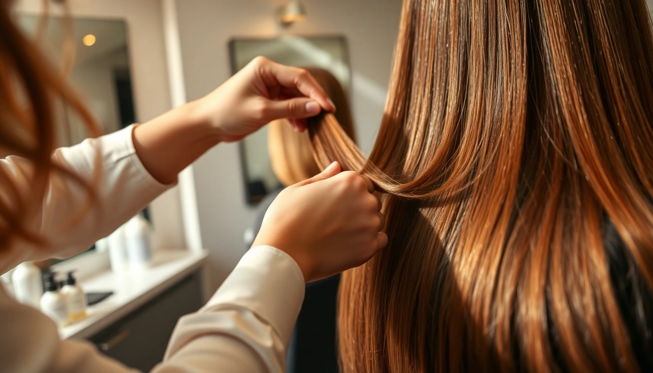 Apply genius weft hair extensions expertly in a professional salon setting.