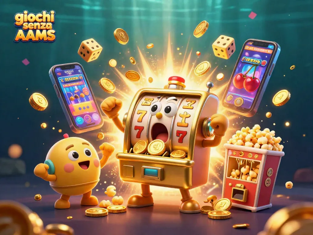 I giochi senza AAMS mostrano una macchina slot d'oro che vince, circondata da simboli e dettagli colorati.
