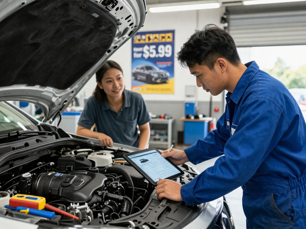 Get a Carfax report for $5.99 at an automotive inspection center showcasing vehicle check