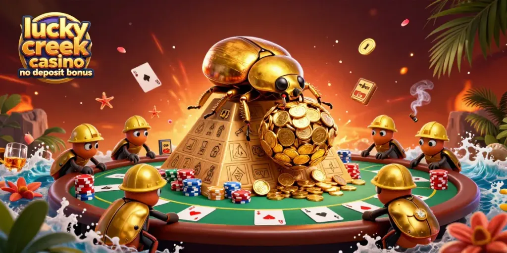 Experience the excitement of lucky creek casino no deposit bonus with vibrant casino elements and golden imagery.