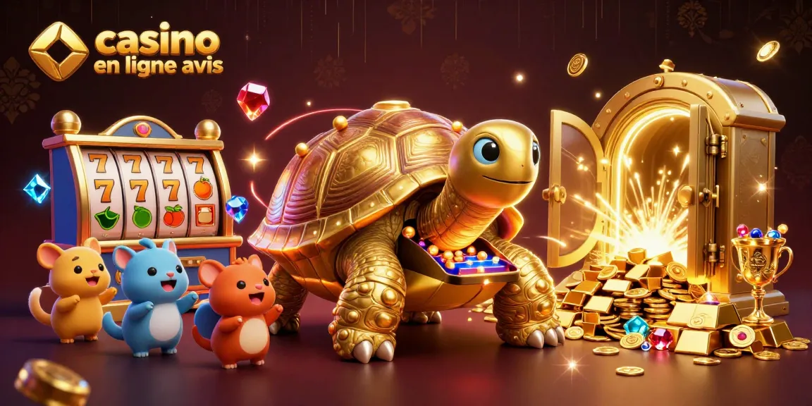 Illustration captivante de casino en ligne avis avec tortue dorée et machines à sous