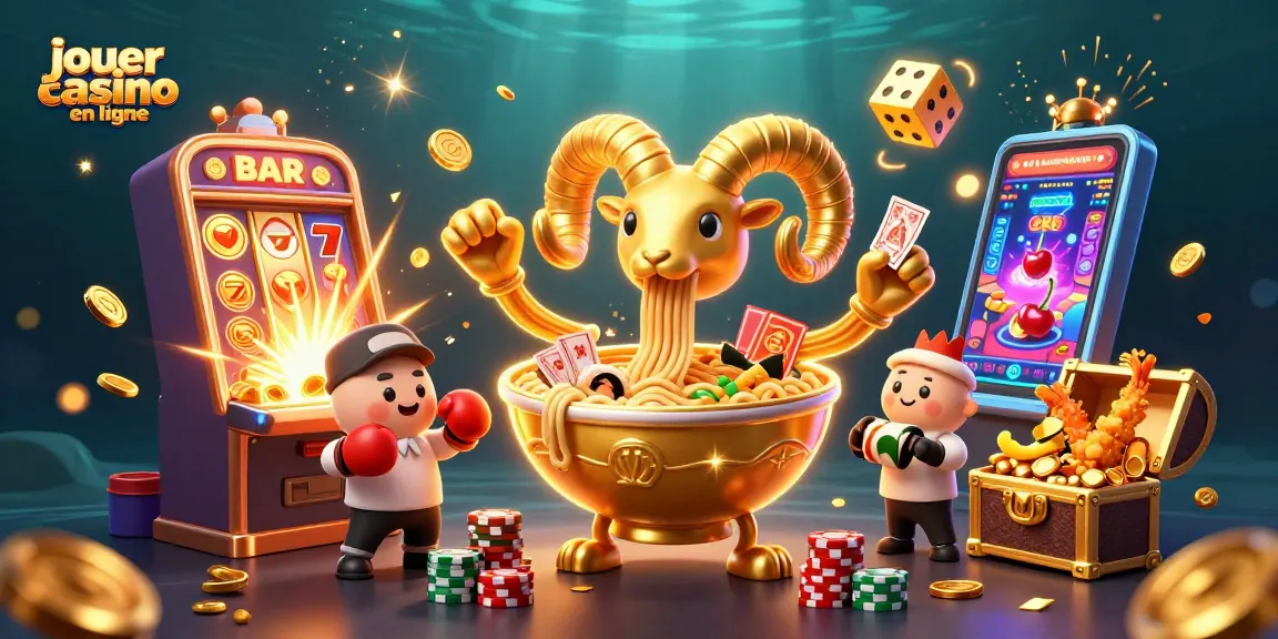 Jouer au casino en ligne avec une illustration 3D dynamique et colorée remplie de machines à sous et de personnages