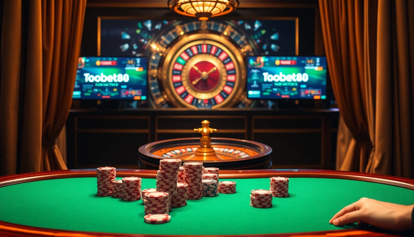 Join the excitement at tobet88 with a luxurious poker scene featuring chips and a roulette wheel.