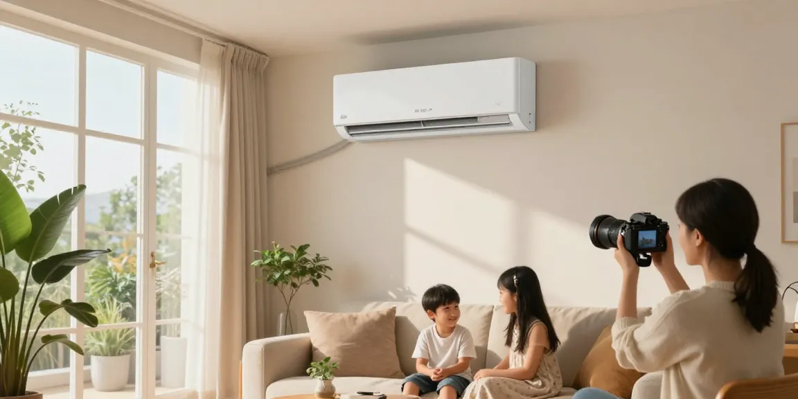 Cozy living room featuring a mini split of air conditioner with family enjoying comfortable cool air.