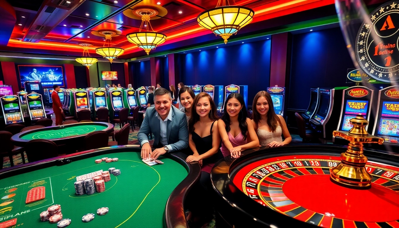 Players experiencing excitement and thrill at Thabet77 casino tables, showcasing vibrant colors and engaging games.