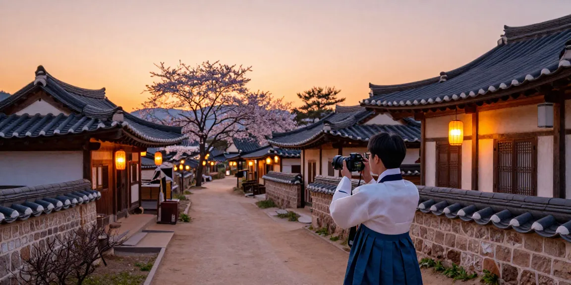 달토의 전통 한국 마을에서 촬영 중인 사람