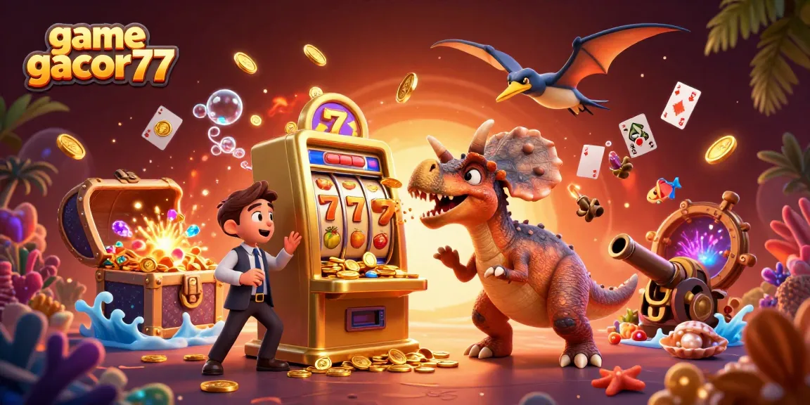 Visualisasi kasino menarik dengan game gacor77 di tengah huru-hara koin emas dan karakter 3D.