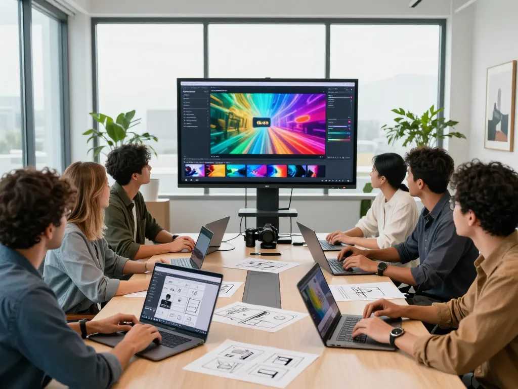 Creative team using seedance 2.0 in a modern tech workspace, collaborating on AI-generated video projects.