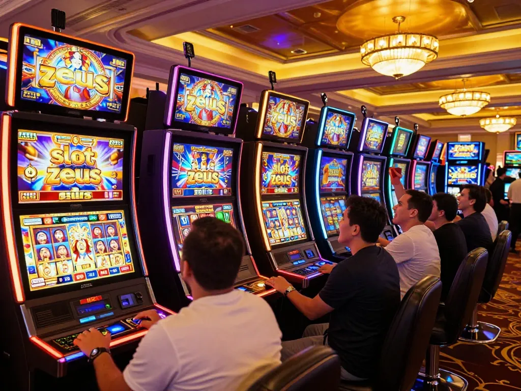 Pemain merayakan kemenangan di mesin slot zeus, suasana kasino yang meriah