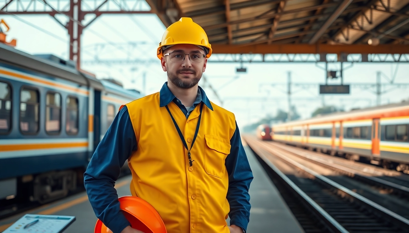 Rail jobs: A confident railway worker on a train platform amidst active trains.