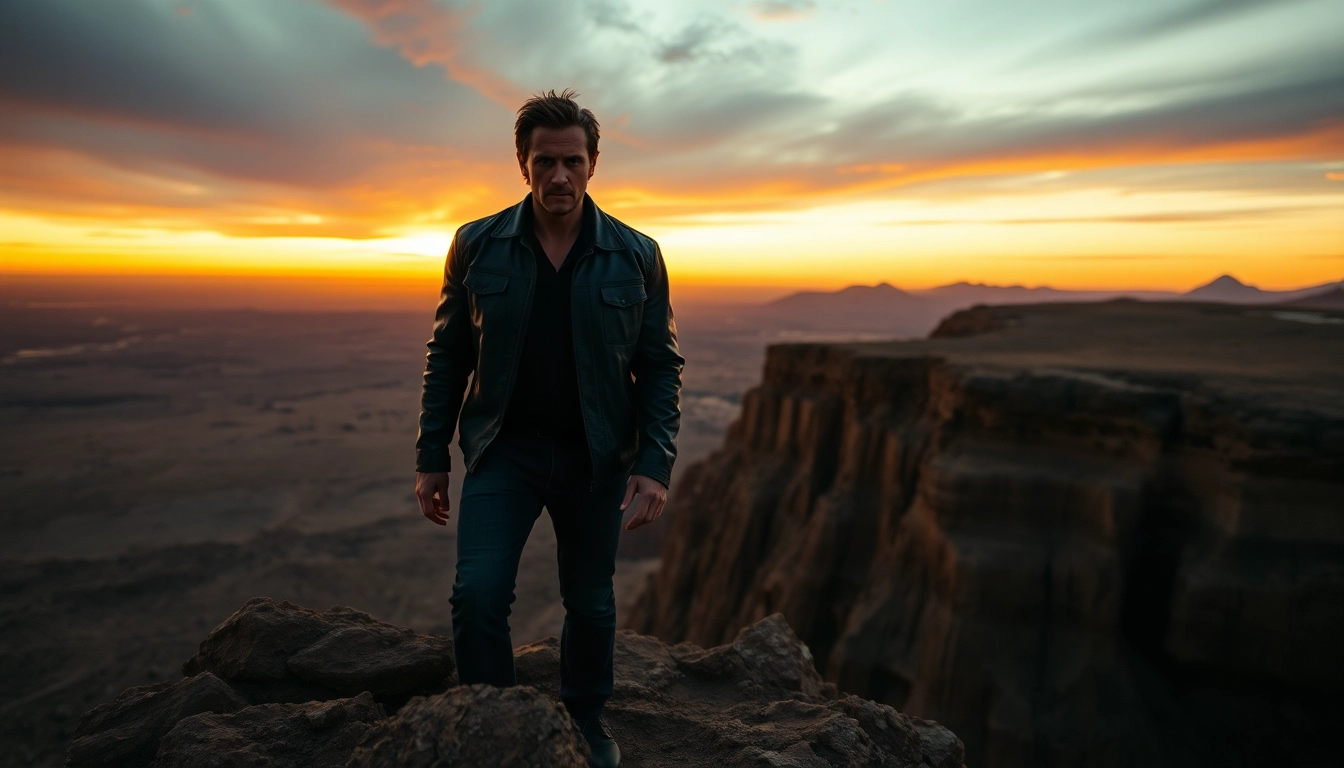 Heroic figure Like Jack Reacher gazes over a dramatic desert landscape at sunset.