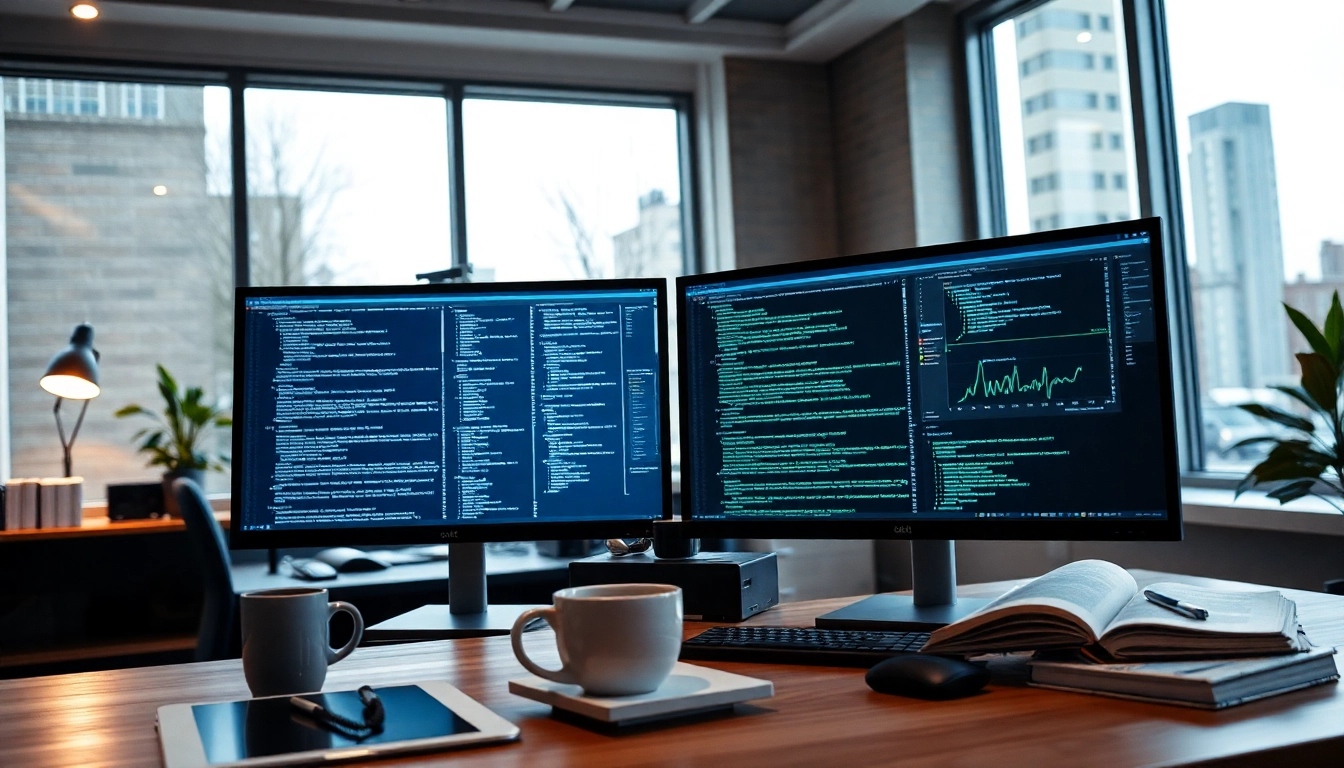 Software engineering workspace featuring dual monitors with coding, charts, and a tech-savvy atmosphere.