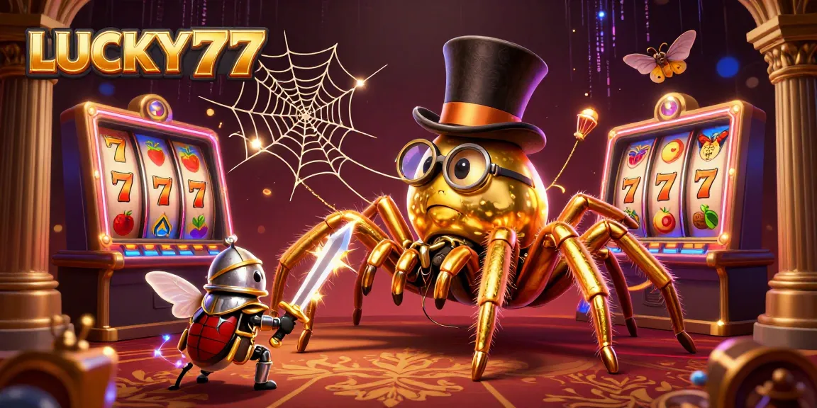 Play thrilling slots with LUCKY77 as golden tarantulas weave webs in a casino adventure.