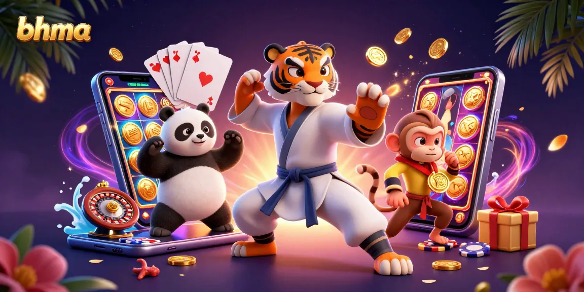 Engage with bhma's vibrant casino scene, featuring playful characters amidst dynamic gaming elements.