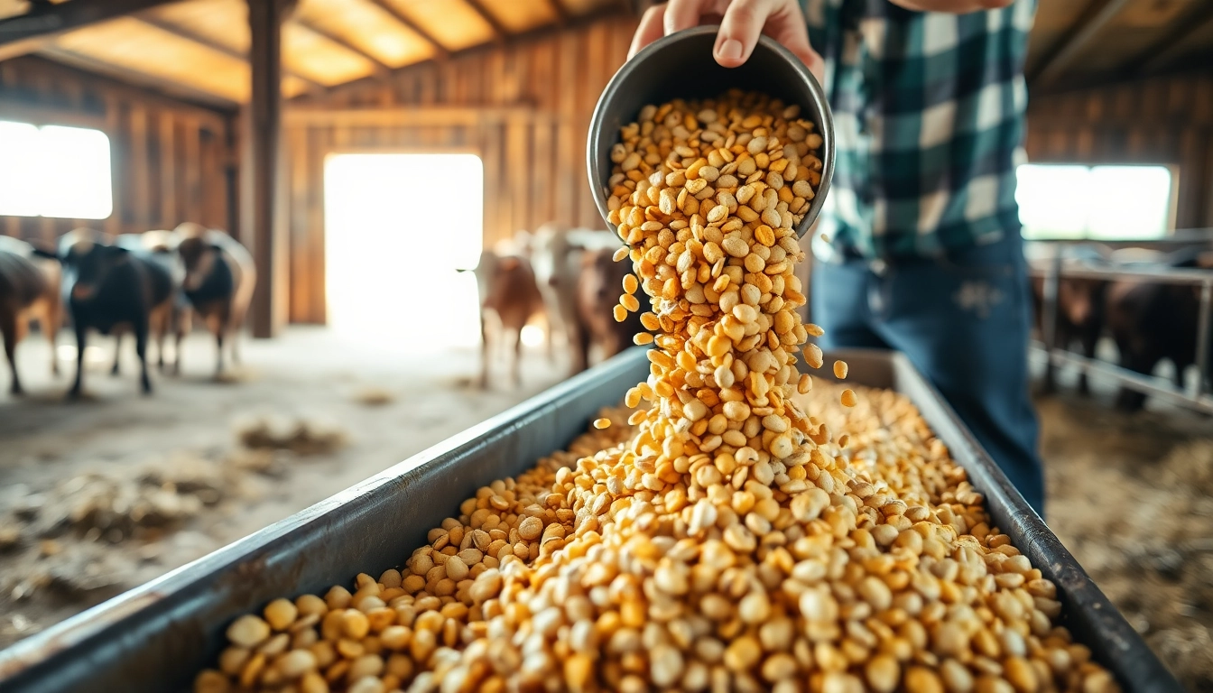 Cattle Feed being prepared in a barn with a farmer pouring nutritious pellets.