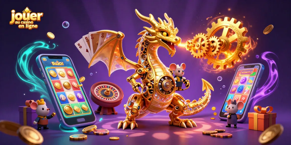 Jouer au casino en ligne avec un dragon mécanique, des pièces d'or et des cartes à jouer, illustration dynamique.