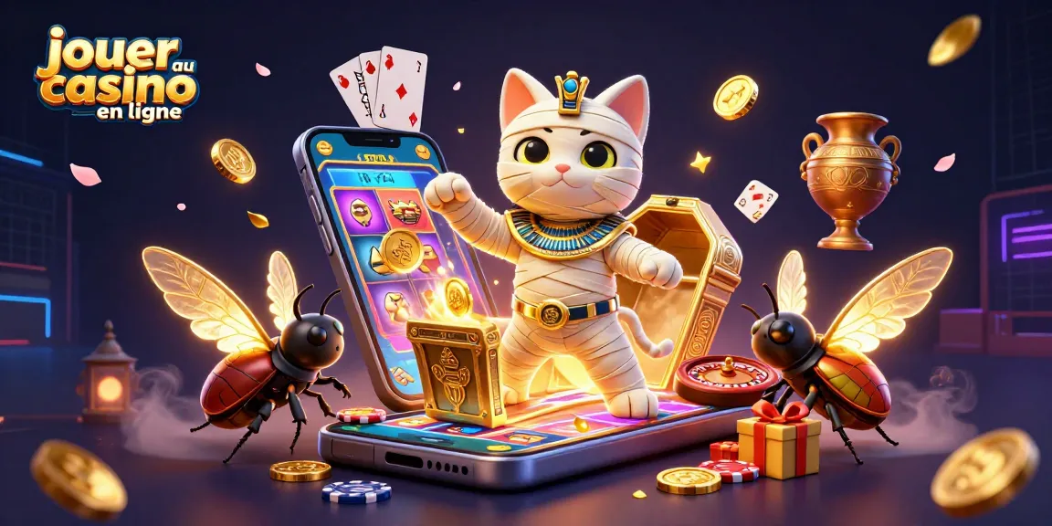 Jouer au casino en ligne avec une illustration dynamique d'un chat momie égyptien et des éléments de jeu captivants.