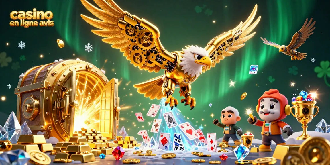 Obtenez des avis sur les casinos en ligne tout en admirant une illustration 3D d'aigles cybernétiques.
