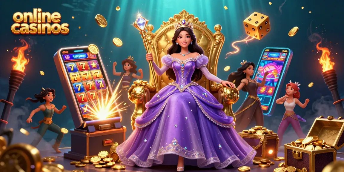 Engage with online casinos featuring a regal ambiance, vibrant slot games, and dazzling jackpots amidst a captivating 3D illustration.
