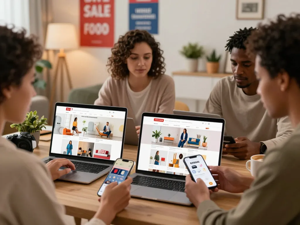 Users exploring sales and new products on https://hubet88.icu/ in a vibrant e-commerce setting.