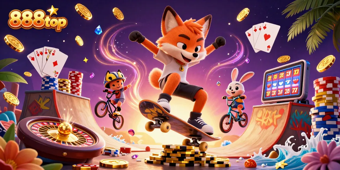 Engage with 888top's vibrant casino scene featuring dynamic fox and rabbit characters amidst cascading coins and casino symbols.