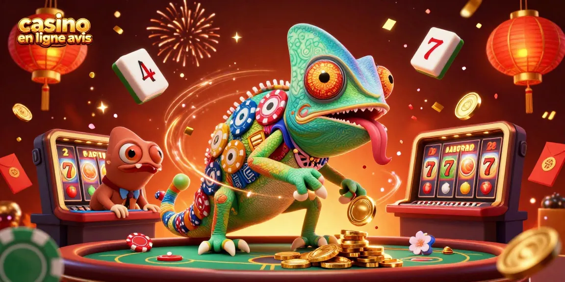 Illustration 3D festive d'un propriétaire de casino caméléon avec des éléments de jeux, avis casino en ligne inclus