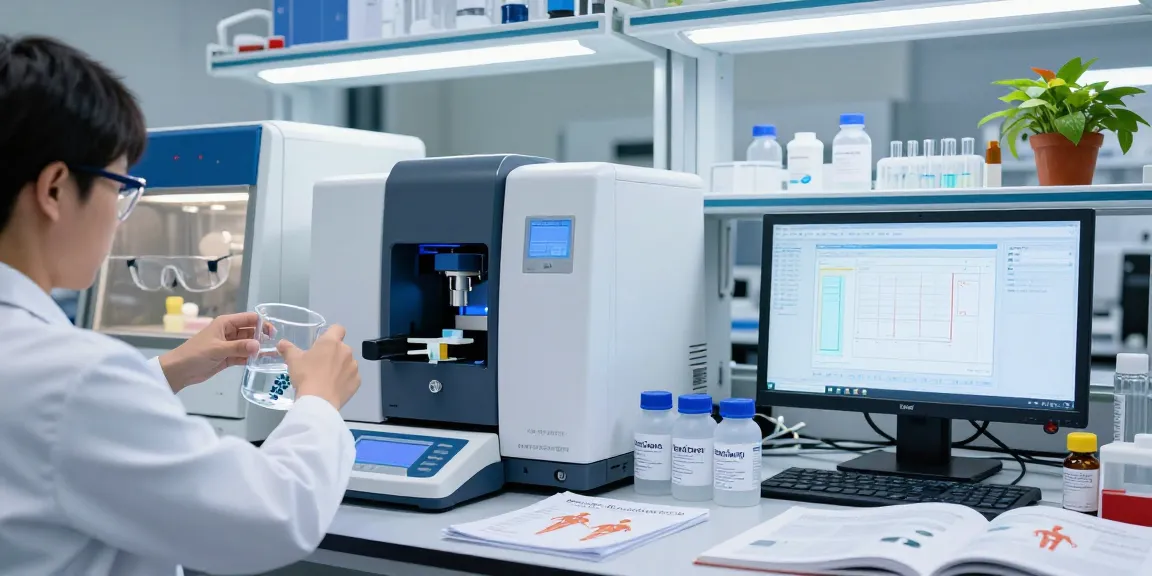 Researcher analyzing SwissChems peptides in a modern lab.
