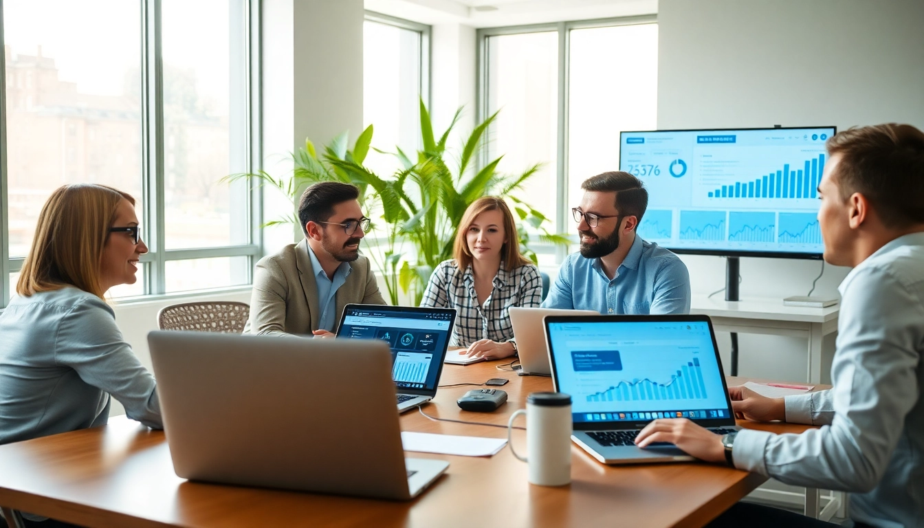 Engaging social media marketing edmonton team discussing strategies in a modern office setting.