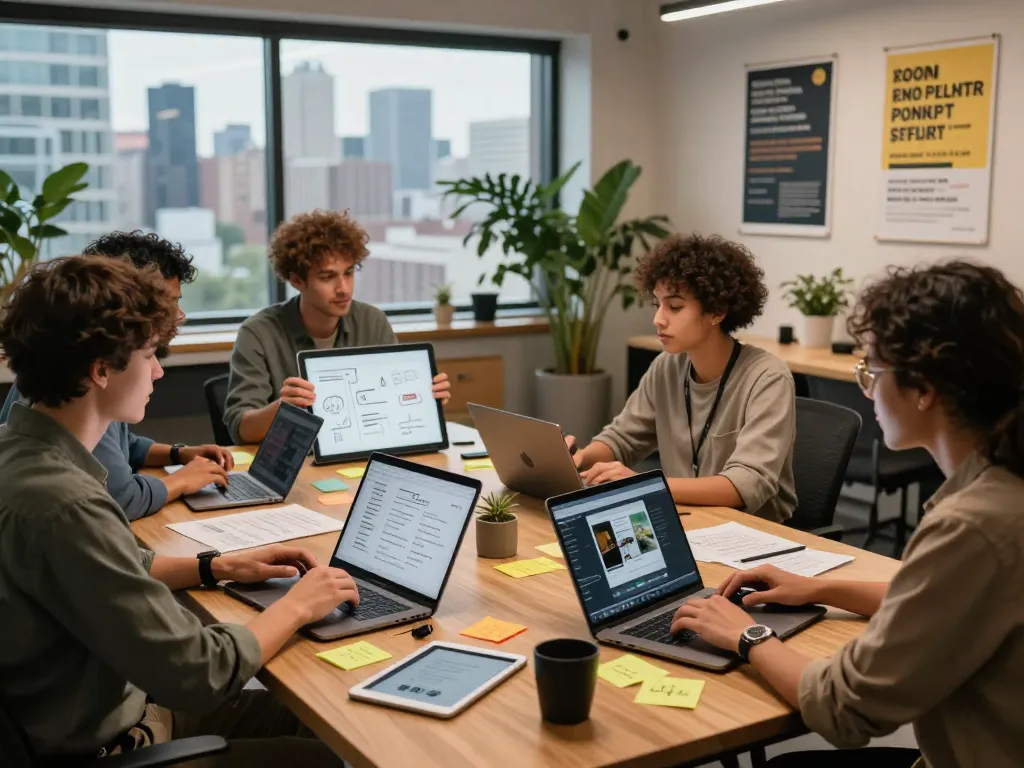 Team collaborating in a creative workspace using an image to prompt ai tool, showcasing innovation and teamwork.