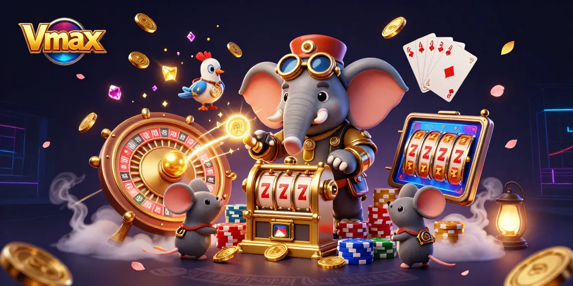 Vmax showcases exciting gaming wins with cartoon characters amid spinning roulette and cascading coins.