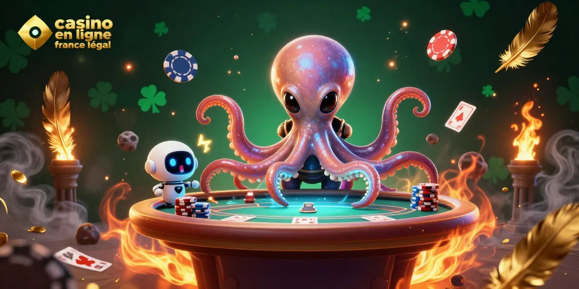 Visualiser le jeu dans un casino en ligne légal en France avec une scène dynamique d'un octopus extraterrestre et un robot au poker.