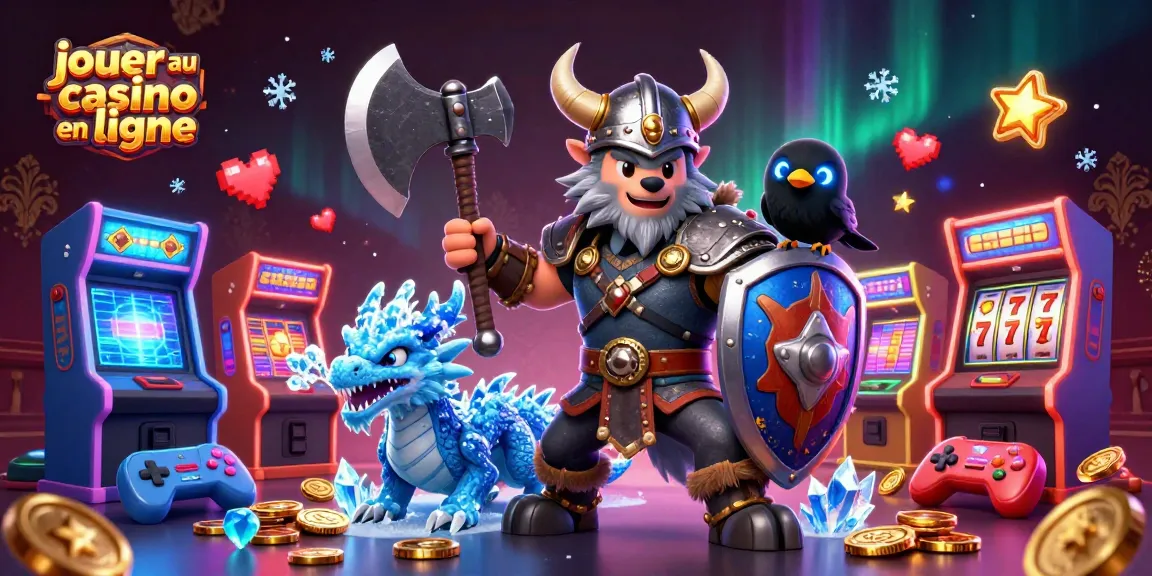 Jouer au casino en ligne avec un loup viking, un dragon et des éléments de jeux d'arcade colorés.