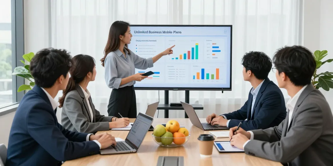 Team discussing unlimited business mobile plans in a bright conference room, showcasing professional collaboration.